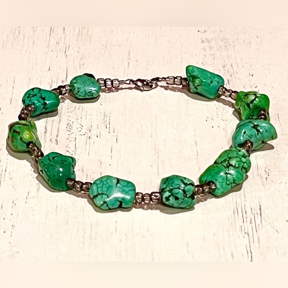 Turquoise Handmade Beaded Ankle Bracelet with Clear Seed Bead Accents - Picture 3 of 5